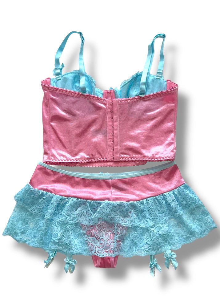 Vintage 2PC Satin & Lace Balconette Bra + Skirted Garter Thong Set | Pastel Tropicana Mint Peach & Bubblegum Pink Blue