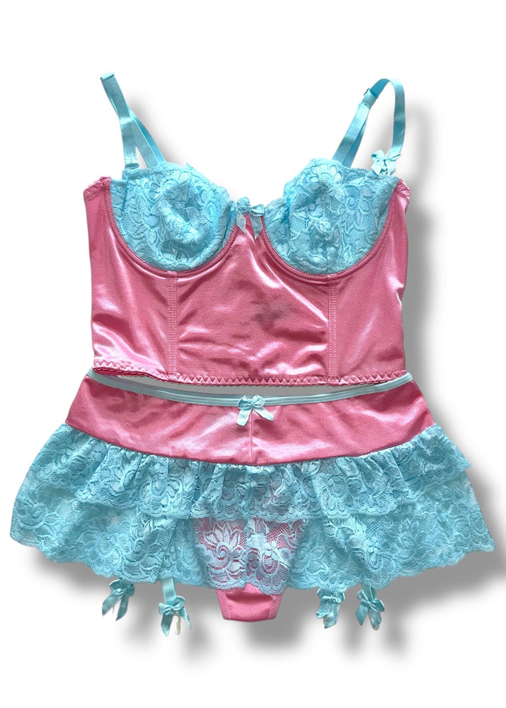 Vintage 2PC Satin & Lace Balconette Bra + Skirted Garter Thong Set | Pastel Tropicana Mint Peach & Bubblegum Pink Blue