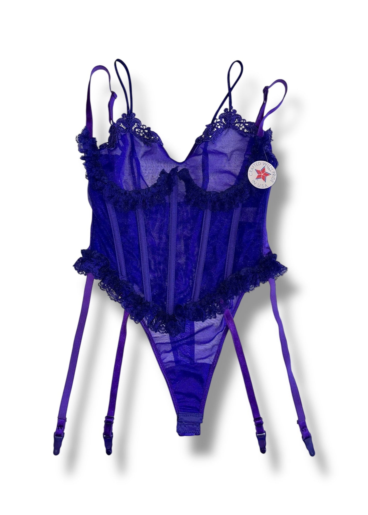 Purple lace lingerie set on a white background
