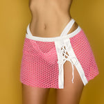 Y2K Pink Crochet Lace-Up Slit Mini Skirt Boho Cover-Up