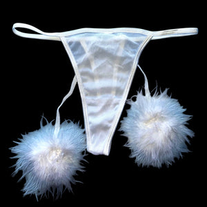 Fluffy Pom White Mesh Thong Panty Coquette Y2K Valentines Furry Lingerie