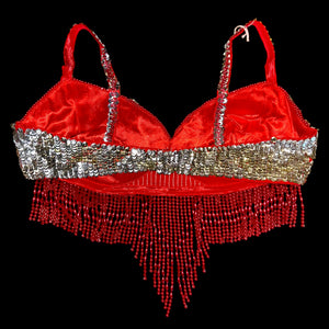 Hand-Beaded Red Embellished Fringe Vintage Crop Top | Boho Festival Style