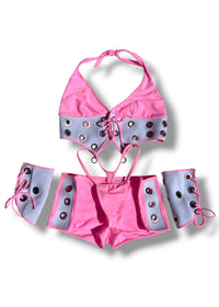 Vintage Y2K Pink Grommet Cowgirl 4PC Set | Halter Top, Micro Shorts, Thong + Lace-Up Cuffs M/L