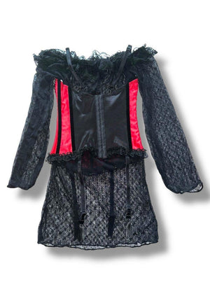 Black lace dress with red accents on a white background