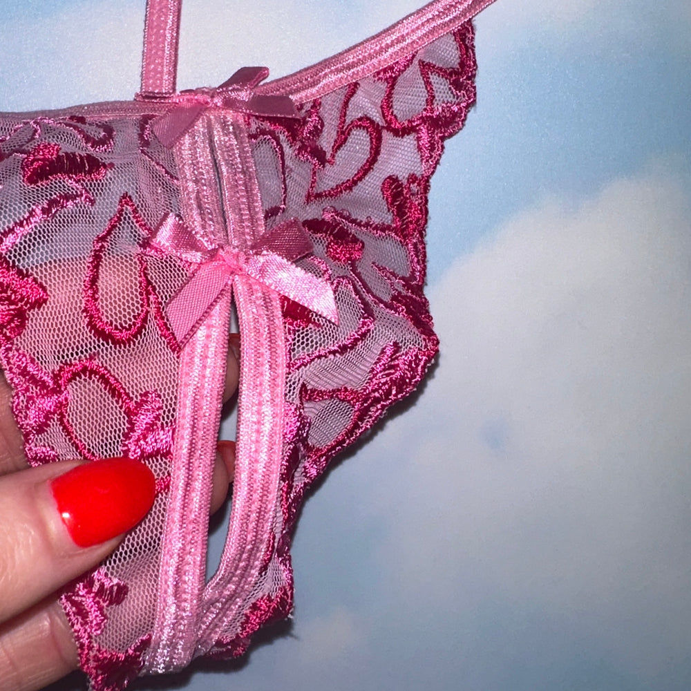 
                      
                        Y2K Small Pink Peekaboo Lingerie Bra + Thong Panty Sheer Set
                      
                    