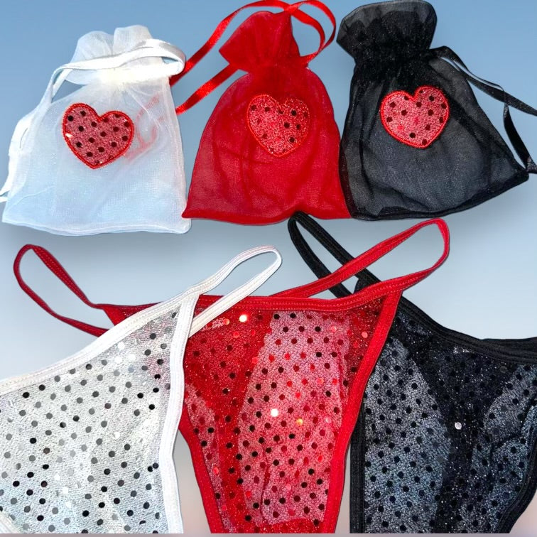 
                      
                        3 Pair Sequin Heart Thong Panty Bundle + Matching Cinch Pouches
                      
                    