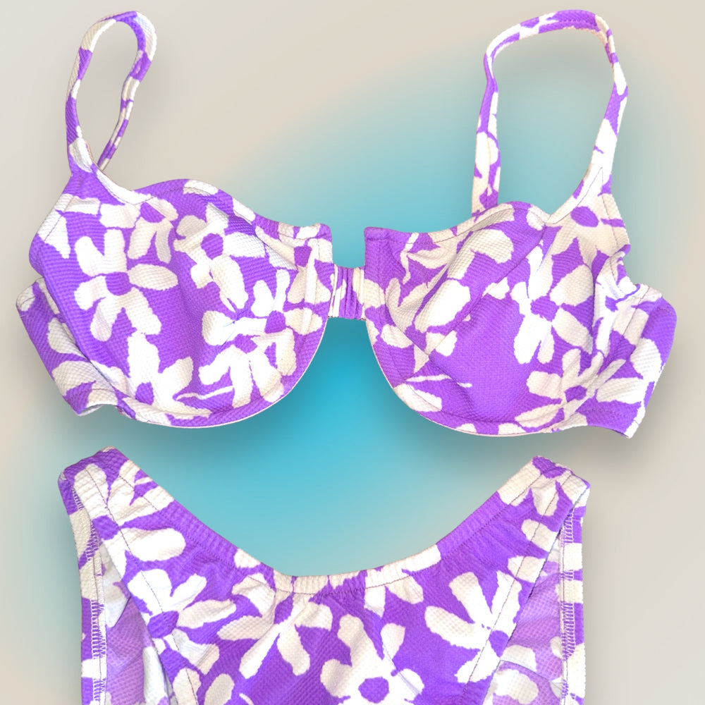 90's Medium Retro Underwire Swimsuit, Matching Bikini Set | Vintage Coquette Lilac Floral