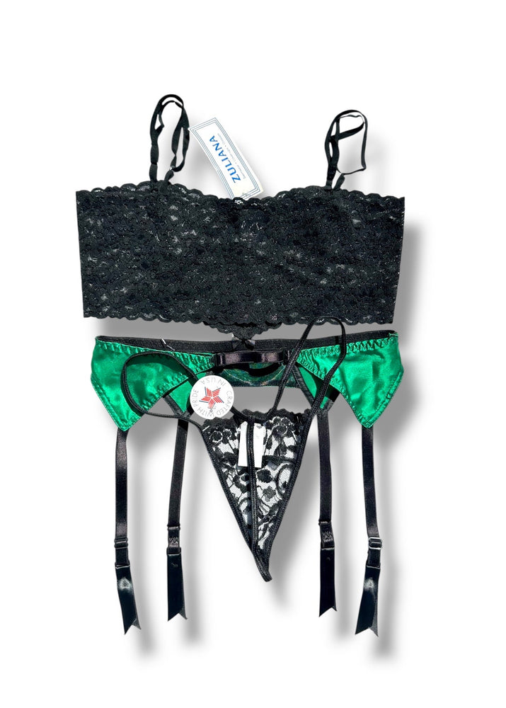 Holiday 3PC Green Satin & Black Lace Lingerie Set | Vintage USA Made