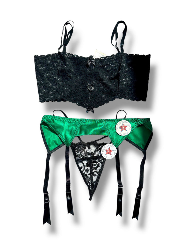 Holiday 3PC Green Satin & Black Lace Lingerie Set | Vintage USA Made