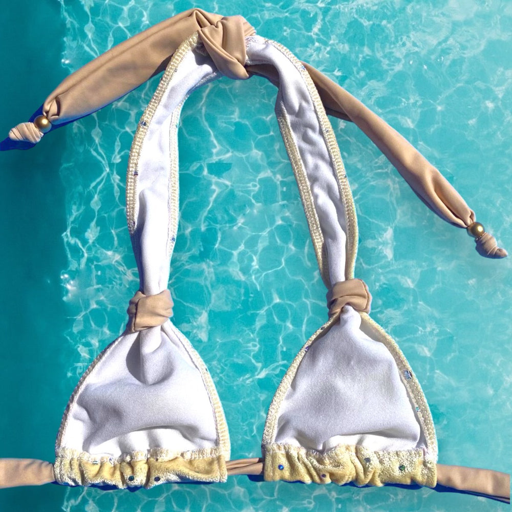 
                      
                        Creme Velvet Shimmer 2-Way Halter Bikini Top | Denali Brand
                      
                    