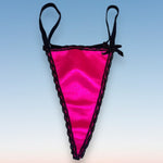 90's Black Lace Trim G-String Panty | Hot Pink Satin