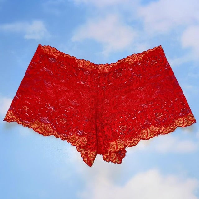 
                      
                        Y2K Sheer Shimmer Lace Booty Short Panty | Red Hot
                      
                    