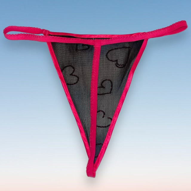 
                      
                        Y2K Sheer Black G-String Thong Panty | Pink Glitter Hearts
                      
                    