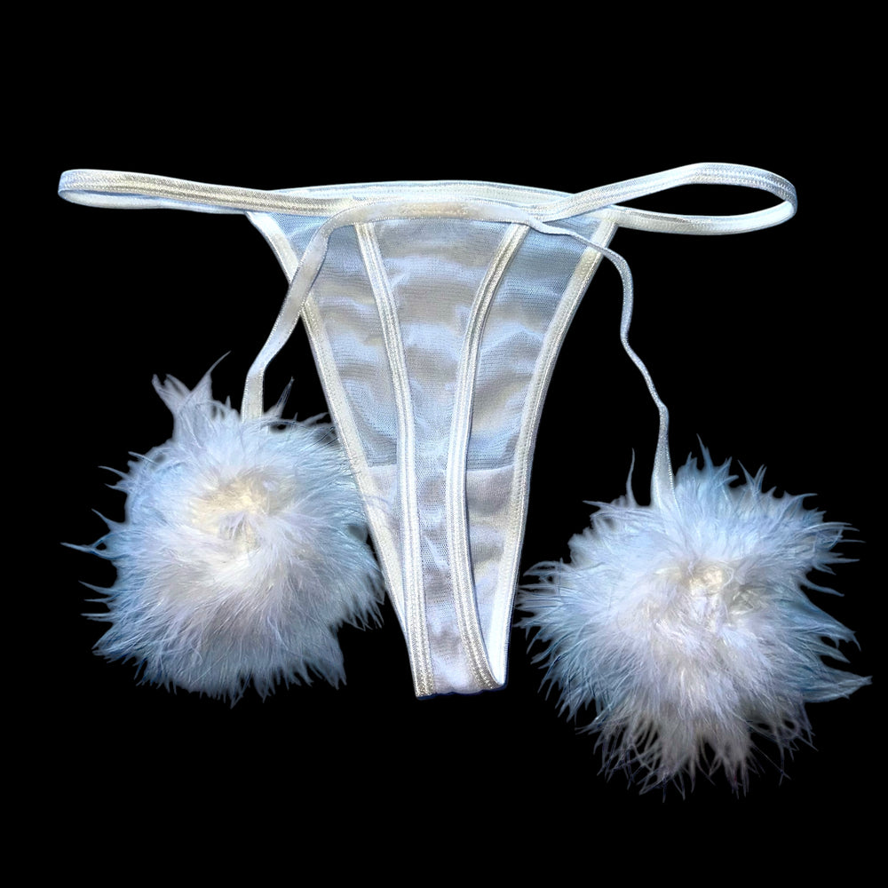 Fluffy Pom White Mesh Thong Panty Coquette Y2K Valentines Furry Lingerie