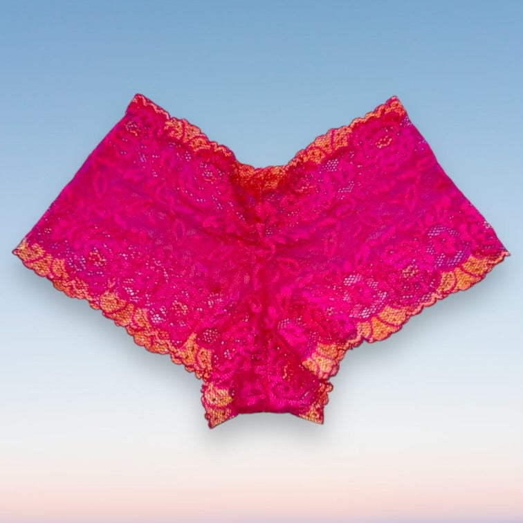 
                  
                    Y2K Sheer Shimmer Lace Booty Short Panty | Hot Pink
                  
                