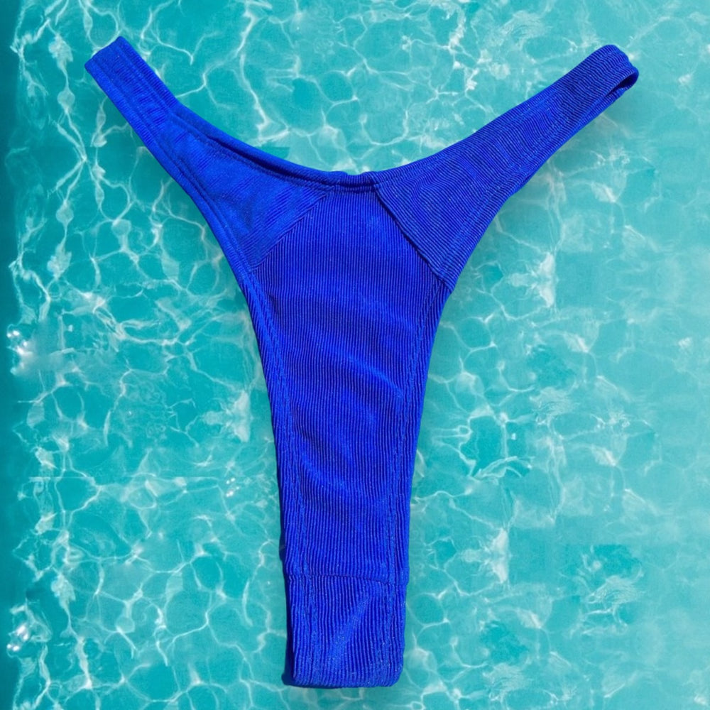 90's Ribbed Retro Shimmer Thong Swimsuit Bottom - Bright Blue