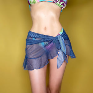 Zuliana Sarong Cover Up Ruffle Mini Skirt Stretchy Sheer Mesh | Navy
