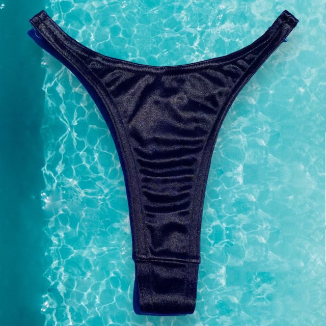90's Black Satin Clip-Side Thong Minimalist Bikini Bottom, Ultra Flattering Fit | LARGE