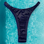 90's Black Satin Clip-Side Thong Minimalist Bikini Bottom, Ultra Flattering Fit | LARGE