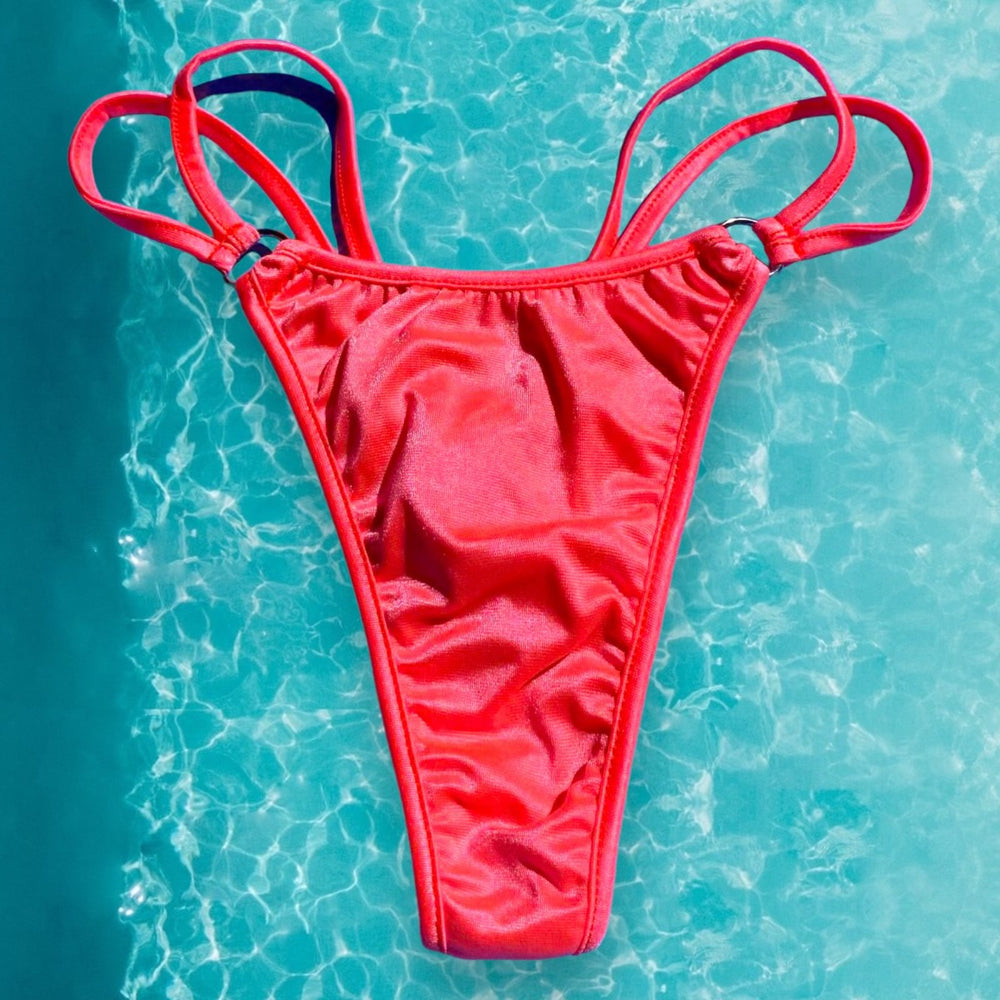 
                      
                        Y2K Double Strap O-Ring Thong Bikini Bottom | Neon Coral
                      
                    