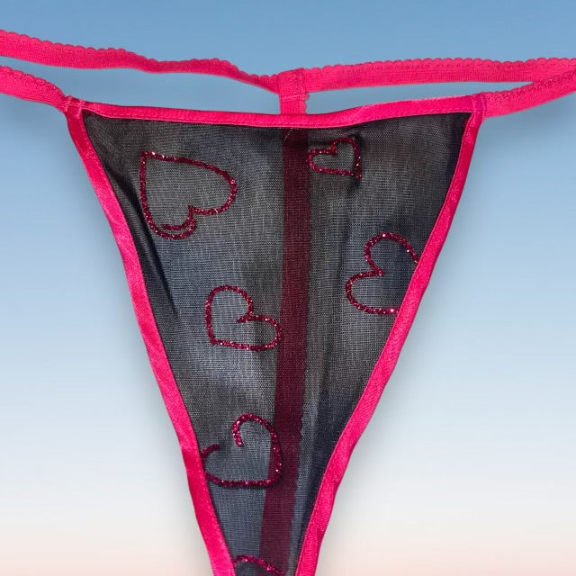 
                      
                        Y2K Sheer Black G-String Thong Panty | Pink Glitter Hearts
                      
                    