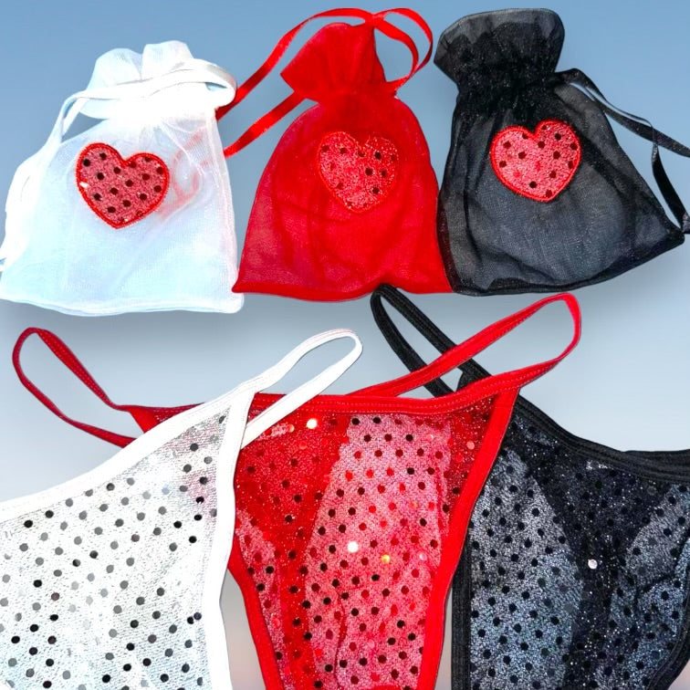 
                      
                        3 Pair Sequin Heart Thong Panty Bundle + Matching Cinch Pouches
                      
                    