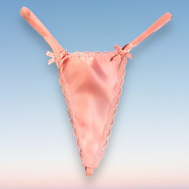 
                      
                        90's Lace Trim G-String Panty | Pastel Pink Satin
                      
                    