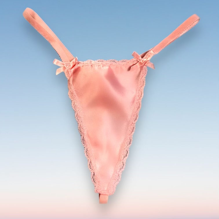 90's Lace Trim G-String Panty | Pastel Pink Satin