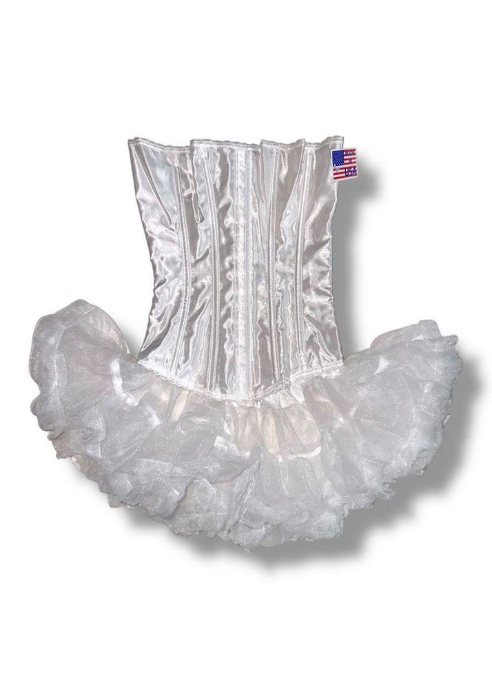 Snow Angel 3PC Costume Set | White Satin Corset, Faux Fur Cape & Tulle Petticoat | 90s USA-Made Deadstock
