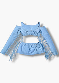 Bluebell Bandit Vintage Periwinkle Cowgirl Fairy 2PC Set | Fringe Crop Top + Micro Mini Skirt