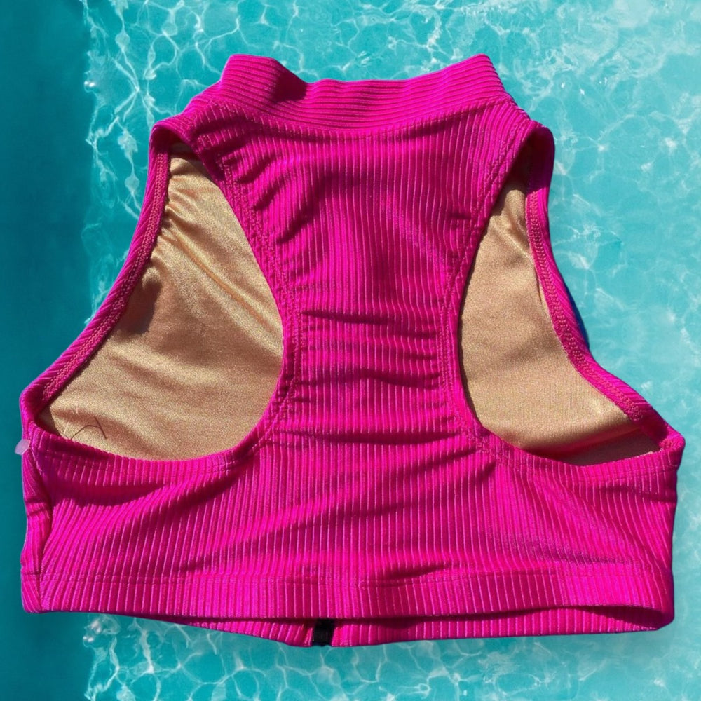 
                      
                        90’s Sporty Zip Front Ribbed Crop Swimsuit Top | Candy Pink
                      
                    