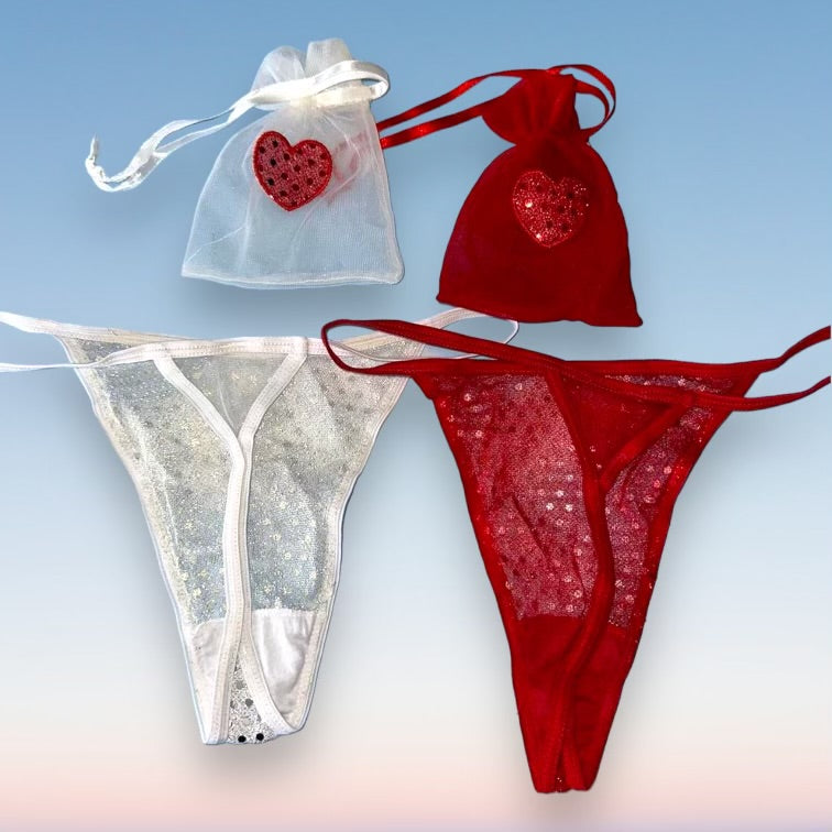 
                      
                        2 Pair Sequin Heart Thong Panty Bundle + Matching Cinch Pouches
                      
                    