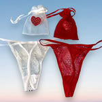 2 Pair Sequin Heart Thong Panty Bundle + Matching Cinch Pouches