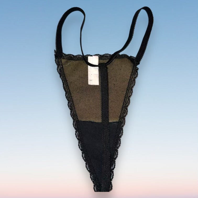 
                      
                        Sheer Lace overlay, Shimmer Satin Thong Panty | Black & Gold
                      
                    