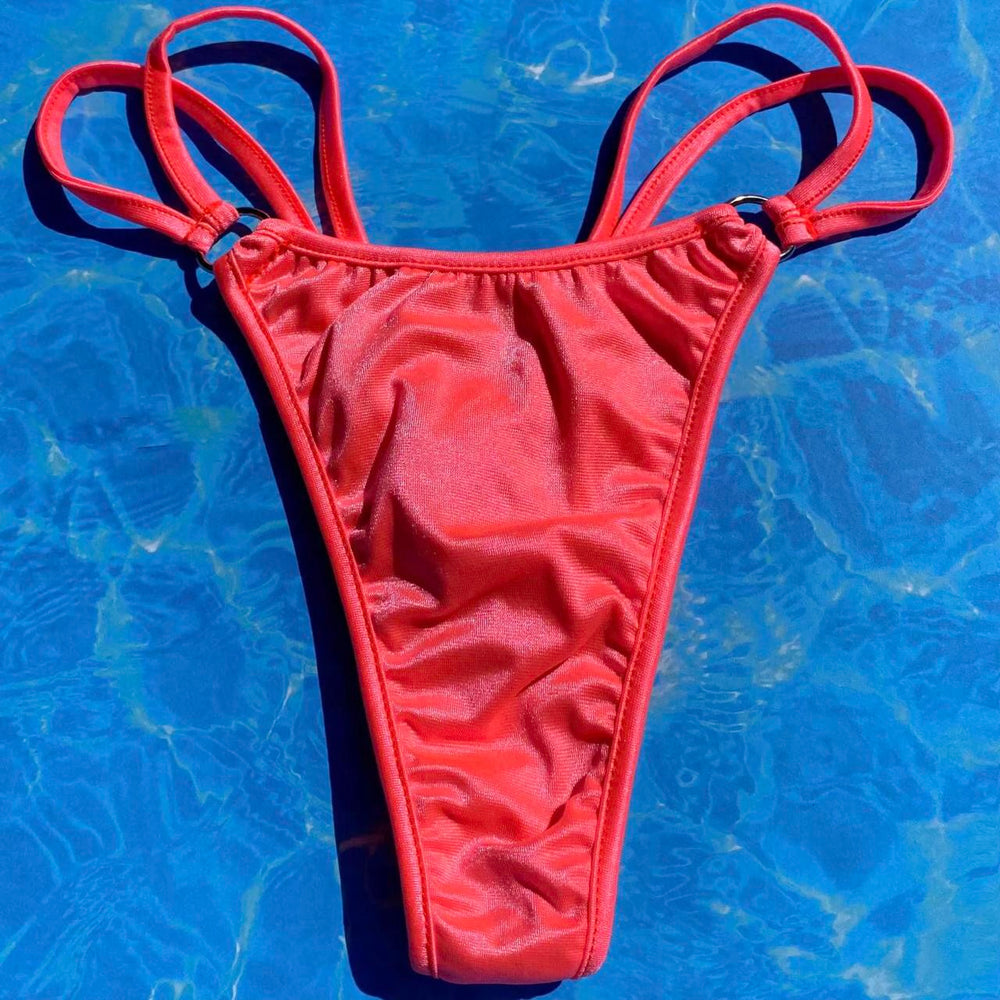 Y2K Double Strap O-Ring Thong Bikini Bottom | Neon Coral