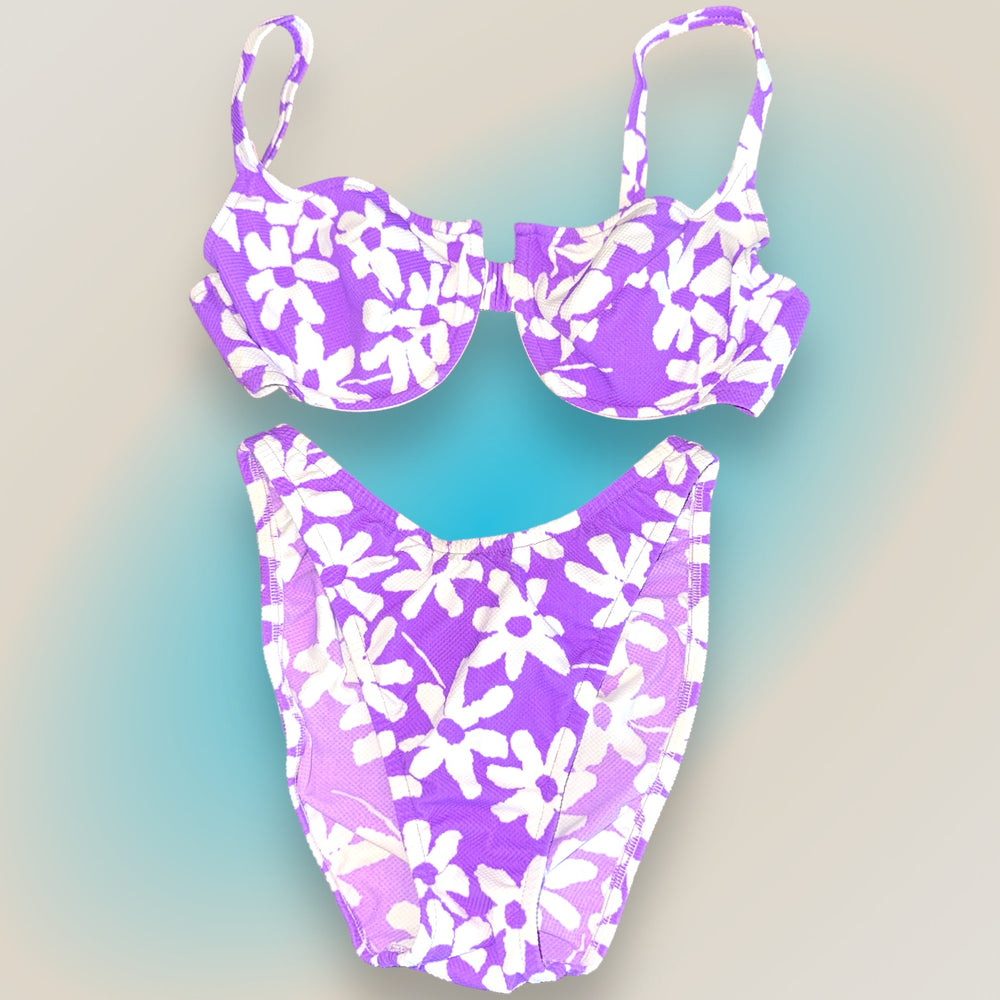 
                      
                        90's Medium Retro Underwire Swimsuit, Matching Bikini Set | Vintage Coquette Lilac Floral
                      
                    