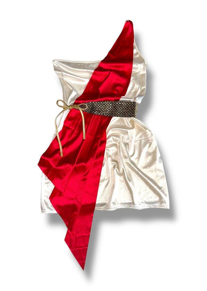 90s Roman Goddess 4PC Costume Set | Satin One-Shoulder Mini Dress + Red Sash & Gold Leg Wraps | USA-Made Vintage Deadstock