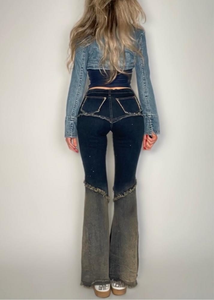 Rare Y2K Patchwork Flare Jeans – Low-Rise Embroidered Vintage Denim