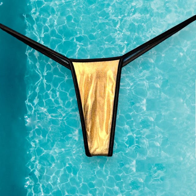 
                      
                        Y2K Ringer G-String Bikini Bottom | Metallic Gold & Black
                      
                    