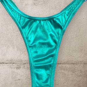 90's Teal Satin Clip-Side Thong Minimalist Bikini Bottom, Ultra Flattering Fit | MEDIUM