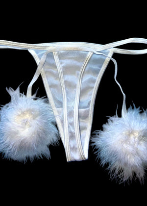 Fluffy Pom White Mesh Thong Panty Coquette Y2K Valentines Furry Lingerie