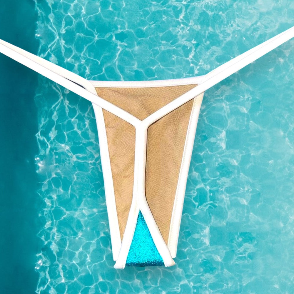 
                      
                        Y2K Ringer T-String Bikini Bottom | Metallic Turquoise & White
                      
                    