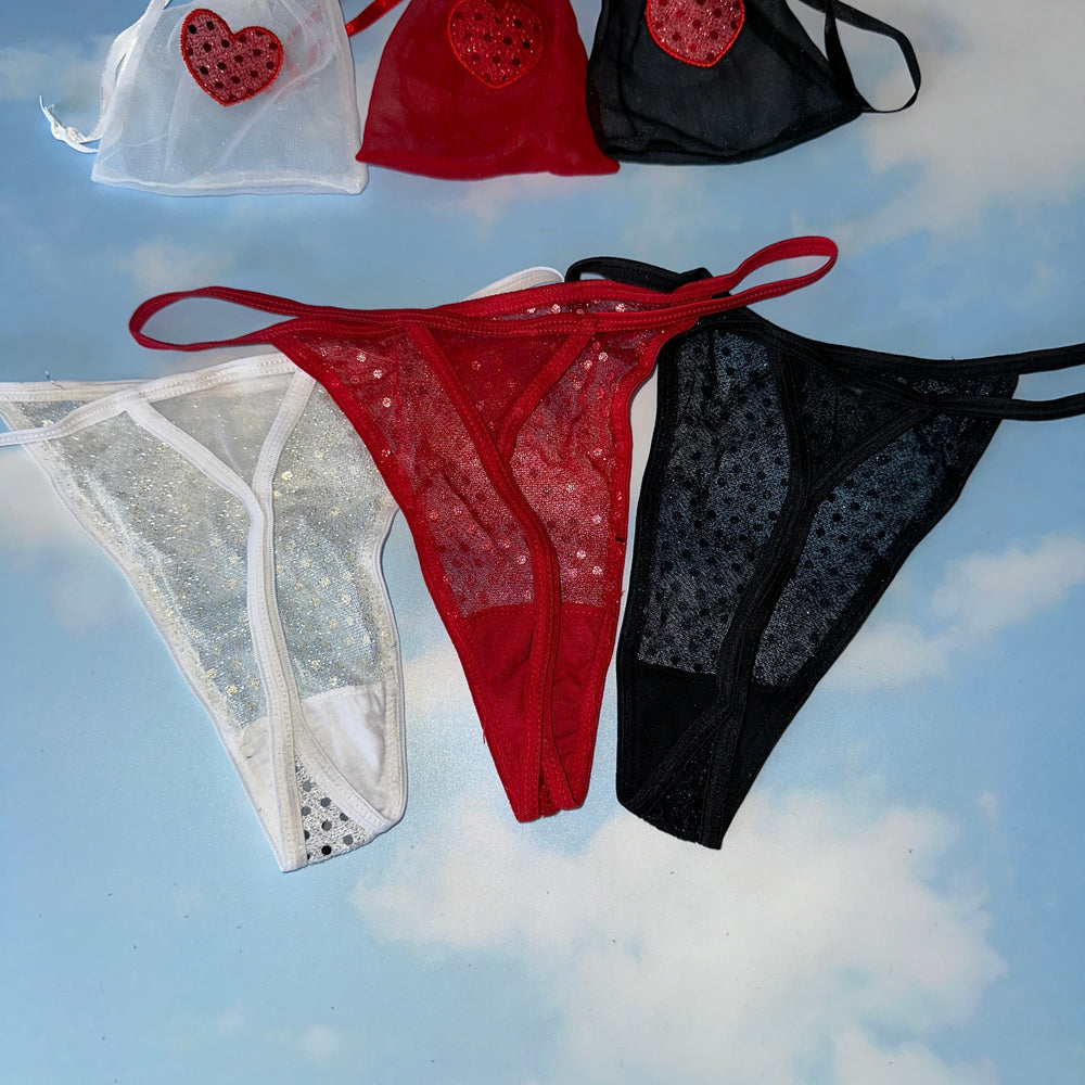 3 Pair Sequin Heart Thong Panty Bundle + Matching Cinch Pouches
