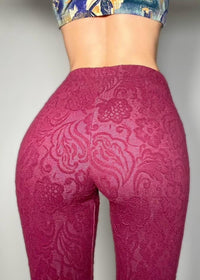 Vintage Plum Textured Leggings | Holiday Gift | Y2K Floral High-Waist Workout Tights | USA-Made Athleisure