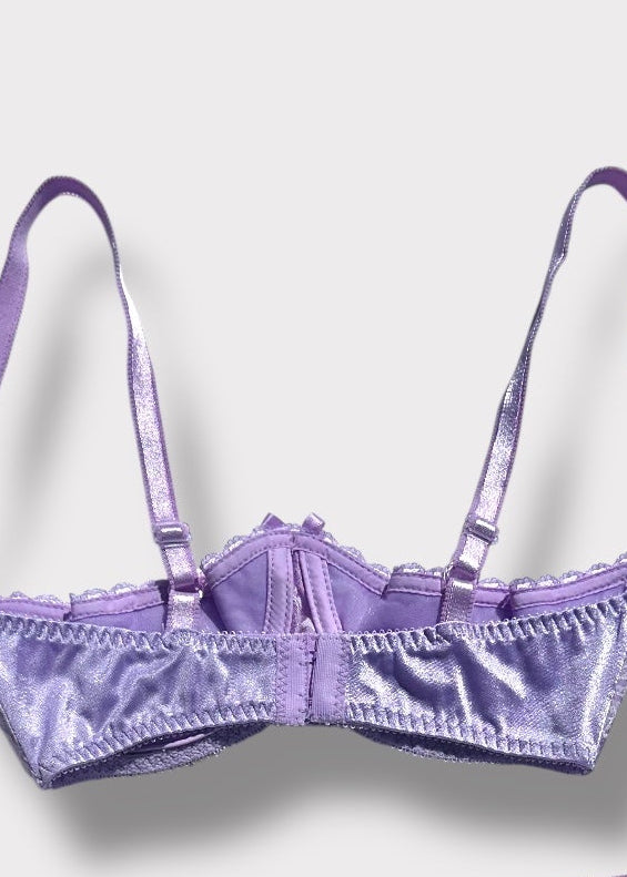 90s Lilac Satin Underbust Bra | Vintage Embroidered USA Lingerie