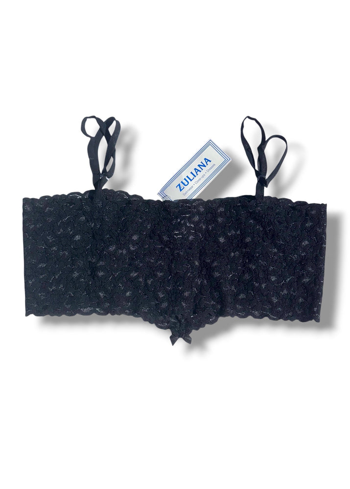 Black lace bra with a visible brand tag on a white background