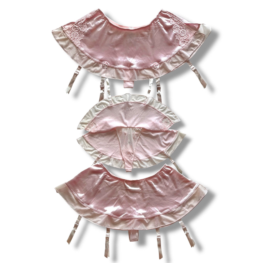 90s Vintage Satin Sheer Garter Skirt Thong Set | USA-Made