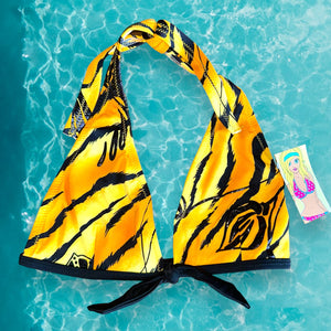 90's Plunge Bralette Halter Bikini Swimsuit Top, Retro Hanky Tie | Tiger's Eye