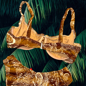 90's Medium Earth-Tone Paisley Underwire Swimsuit, Matching Bikini Set | Vintage Boho