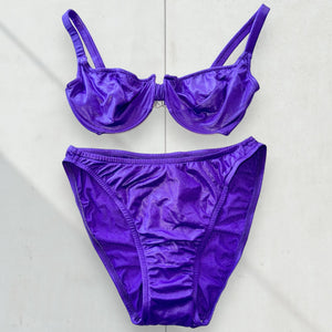 90's Medium Purple Shimmer Underwire Coquette Swimsuit, High-Waisted Matching Swimsuit Set | Rare Vintage